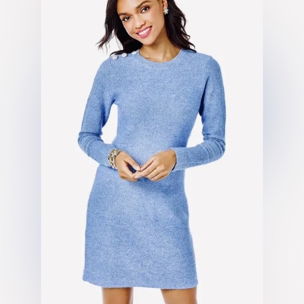 NWT Lilly Pulitzer Morgen Sequin Sweater Dress in Boca Blue Metallic